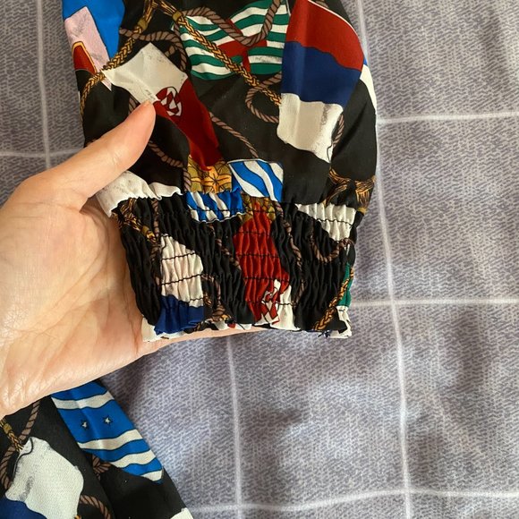 New printed V-neck long sleeve elastic waistband slimming A- line  dress - Picture 5 of 6